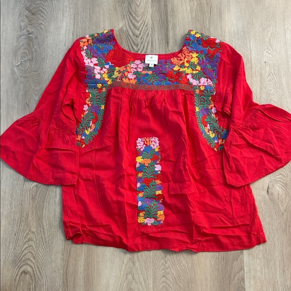 J. MARIE Floral Embroidered Linen Blend Boho Blouse size XS peasant colorful